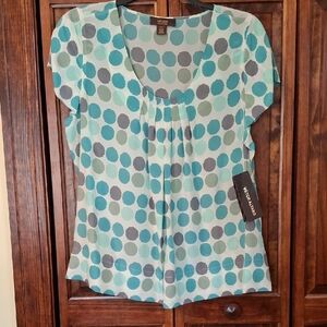 VICTOR ALFARO Women's Silk Polka Dot Top - Teal Blue, Gray, Green 2X